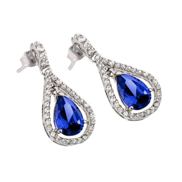 Silver 925 Rhodium Plated Channel Blue Teardrop CZ Dangling Stud Earrings - BGE00366B | Silver Palace Inc.