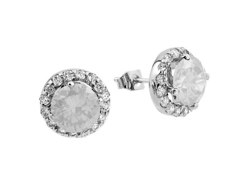 Silver 925 Rhodium Plated Clear Round CZ Stud Earrings - BGE00368C | Silver Palace Inc.