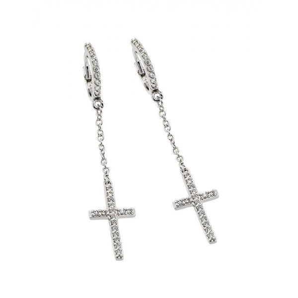 Silver 925 Rhodium Plated Round Cross Clear CZ Wire Dangling huggie hoop Earrings - BGE00375 | Silver Palace Inc.
