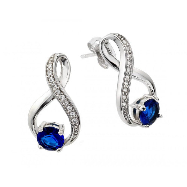 Silver 925 Rhodium Plated Round Blue Round Ribbon Channel CZ Stud Earrings - BGE00383 | Silver Palace Inc.