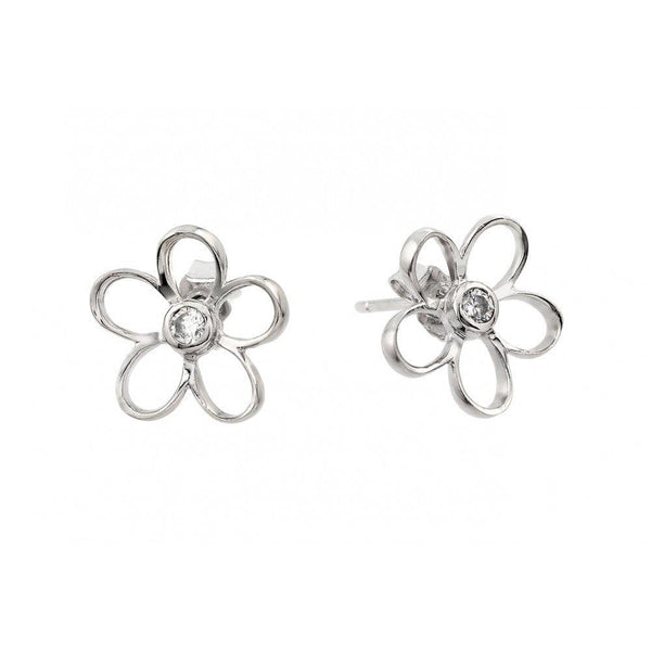 Silver 925 Rhodium Plated Open Flower Center CZ Stud Earrings - BGE00395 | Silver Palace Inc.