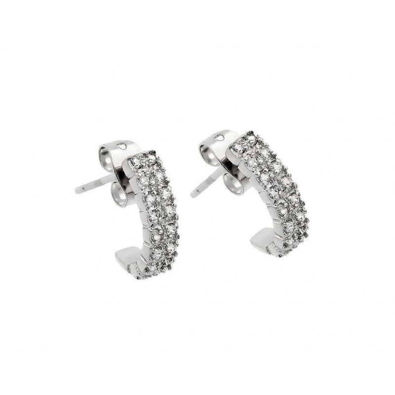 Silver 925 Rhodium Plated Crescent Clear CZ Inlay Semi-huggie hoop Earrings - BGE00398 | Silver Palace Inc.