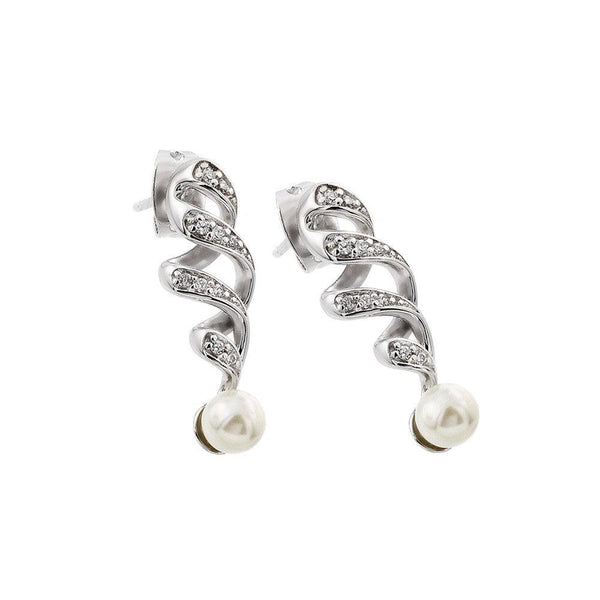 Silver 925 Rhodium Plated Clear CZ Pearl Twist Dangling Stud Earrings - BGE00399 | Silver Palace Inc.