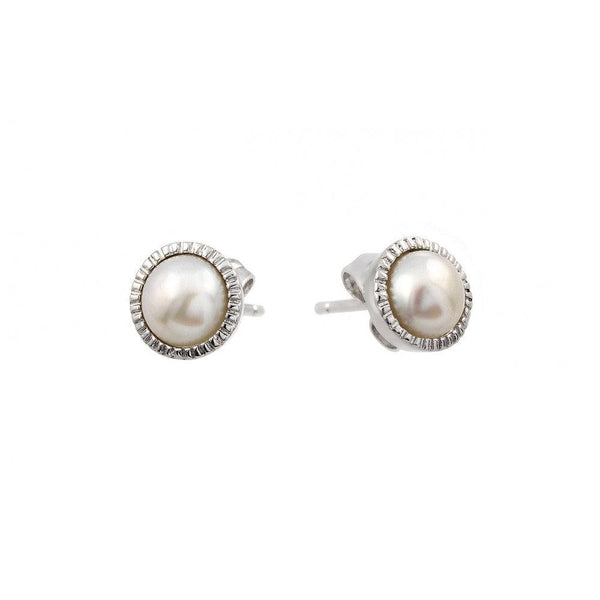 Silver 925 Rhodium Plated Round CZ Inlay Center Fresh Water Pearl Stud Earrings - BGE00404 | Silver Palace Inc.