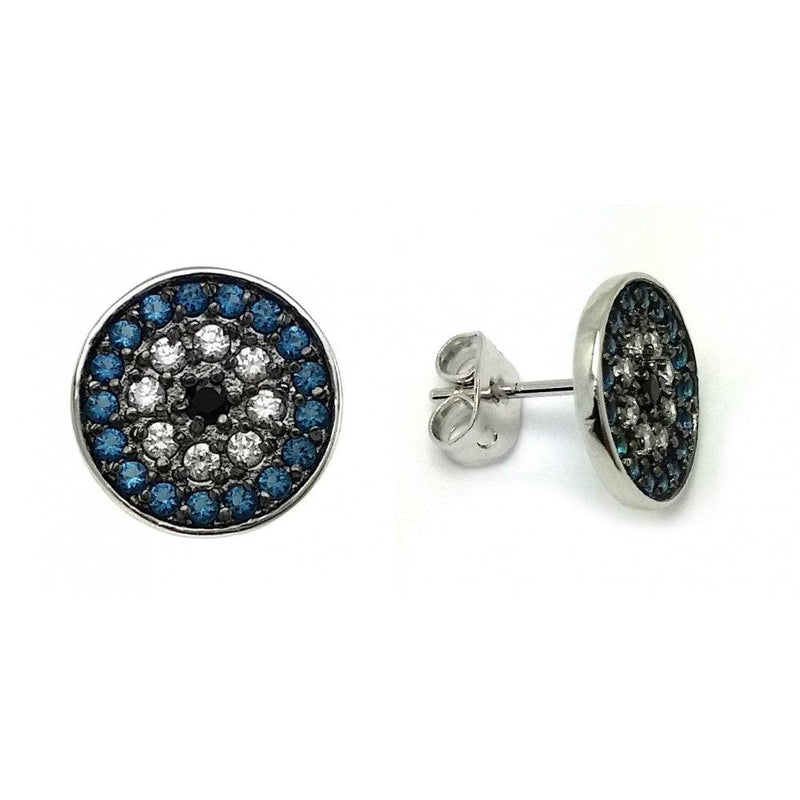 Silver 925 Rhodium Plated Blue and Black and Clear CZ Inlay Stud Earrings - BGE00405 | Silver Palace Inc.