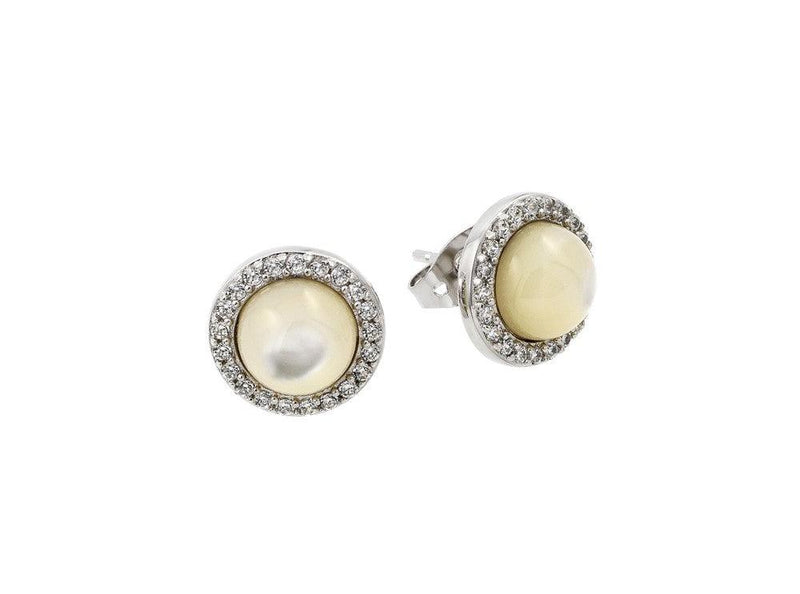 Silver 925 Rhodium Plated Round CZ Outline Center Pearl Stud Earrings - BGE00410RHD | Silver Palace Inc.