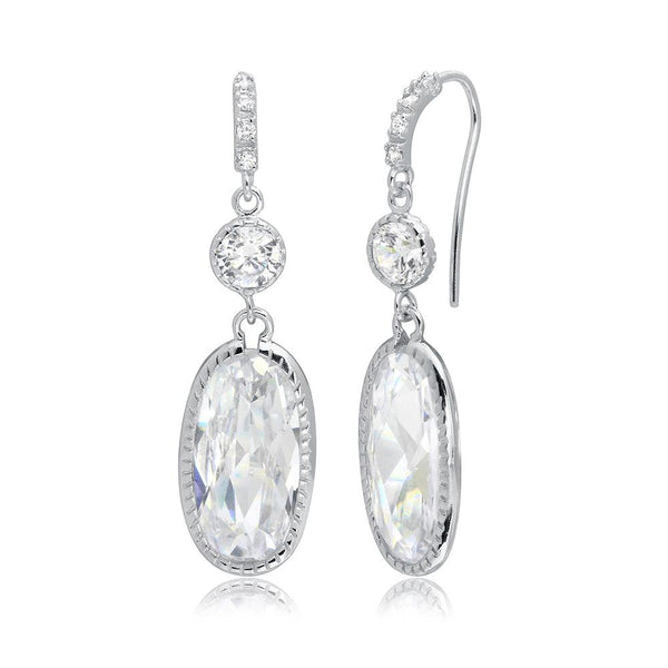 Silver 925 Rhodium Plated Hanging Oval CZ Earrings - BGE00412 | Silver Palace Inc.