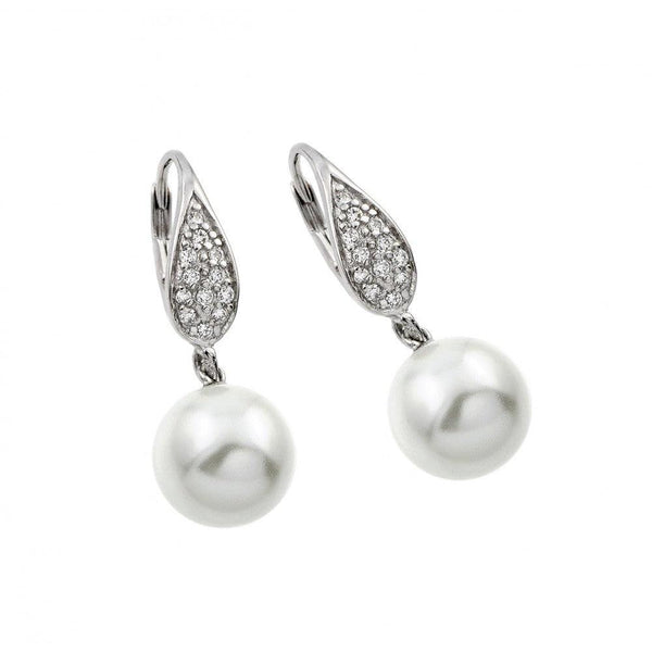 Silver 925 Rhodium Plated Marquis CZ Hanging Pearl Leverback Earrings - BGE00418 | Silver Palace Inc.