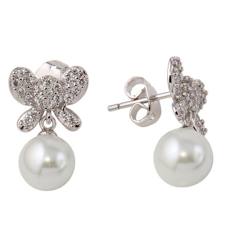 Silver 925 Rhodium Plated Butterfly Earrings with Dangling Synthetic Pearl - BGE00422 | Silver Palace Inc.