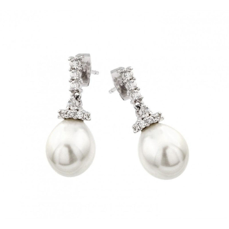 Silver 925 Rhodium Plated CZ Hanging Pearl Stud Earrings - BGE00423 | Silver Palace Inc.