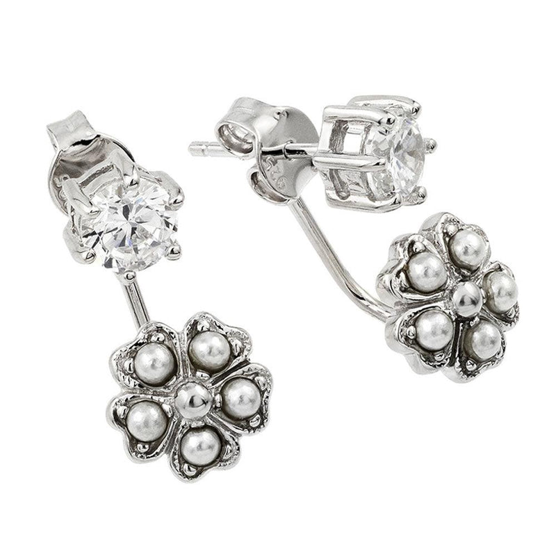 Silver 925 Rhodium Plated Floral Earring Front and Back Earrings - BGE00436 | Silver Palace Inc.