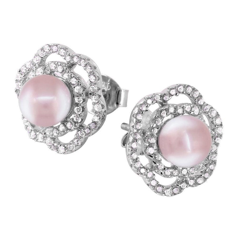 Silver 925 Rhodium Plated Flower Fresh Water Pearl Earrings - BGE00439 | Silver Palace Inc.