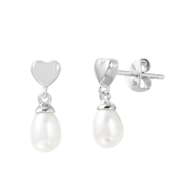 Silver 925 Rhodium Plated Heart with Dangling Fresh Water Pearl Post Earrings - BGE00450 | Silver Palace Inc.