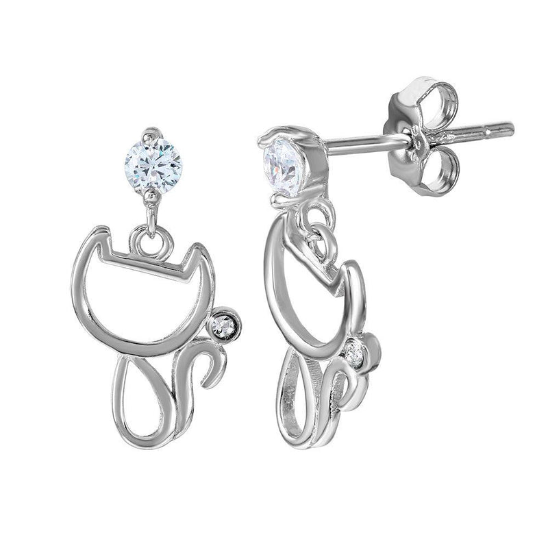 Silver 925 Rhodium Plated Open Cat Earring with CZ Stones - BGE00470 | Silver Palace Inc.