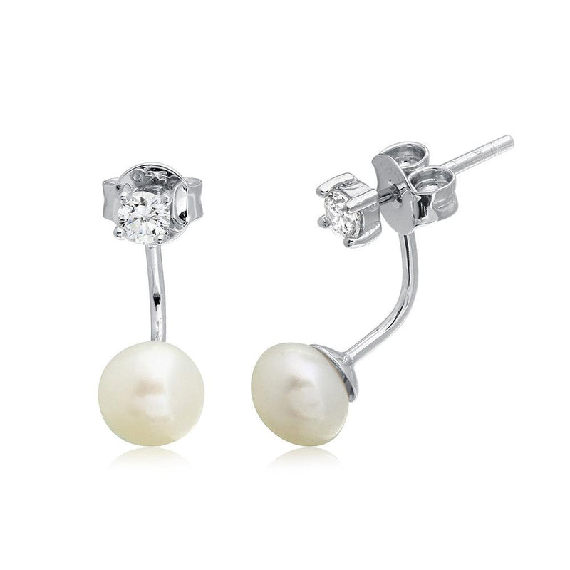 Silver 925 Rhodium Plated CZ  Earrings with Hanging Fresh Water Pearls - BGE00473 | Silver Palace Inc.