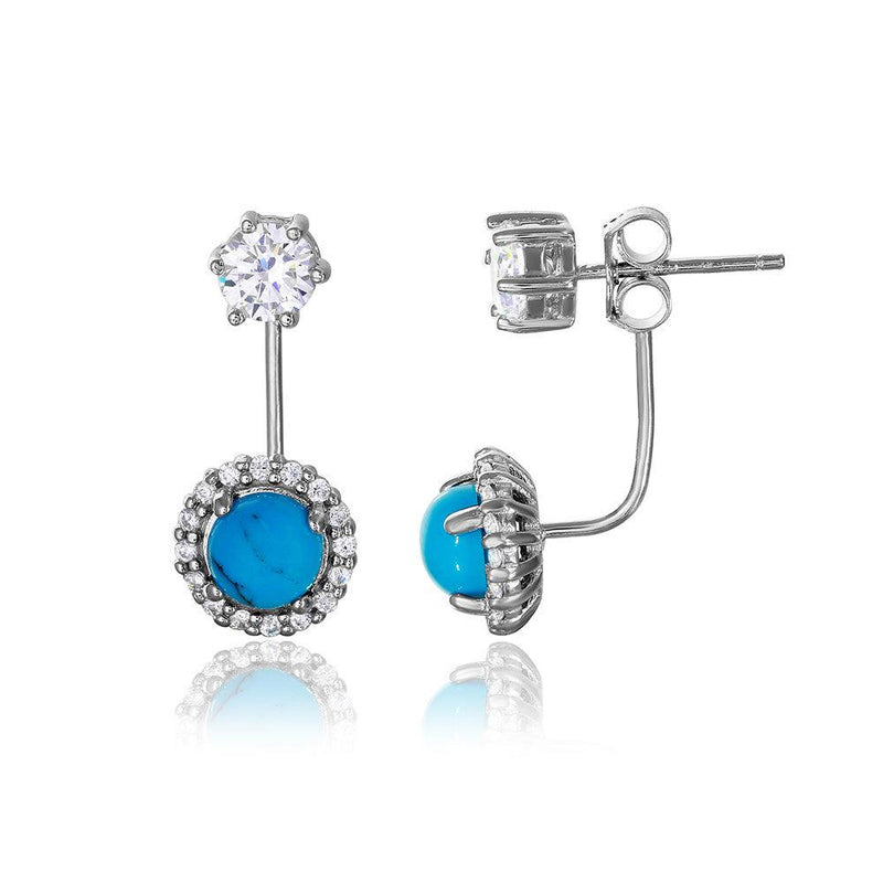 Silver 925 Rhodium Plated Round CZ with Hanging Round Turquoise Earrings - BGE00474 | Silver Palace Inc.