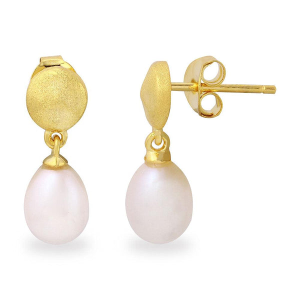 Silver 925 Matte Finish Gold Plated Disc with Hanging Fresh Water Pearl Earrings - BGE00483 | Silver Palace Inc.