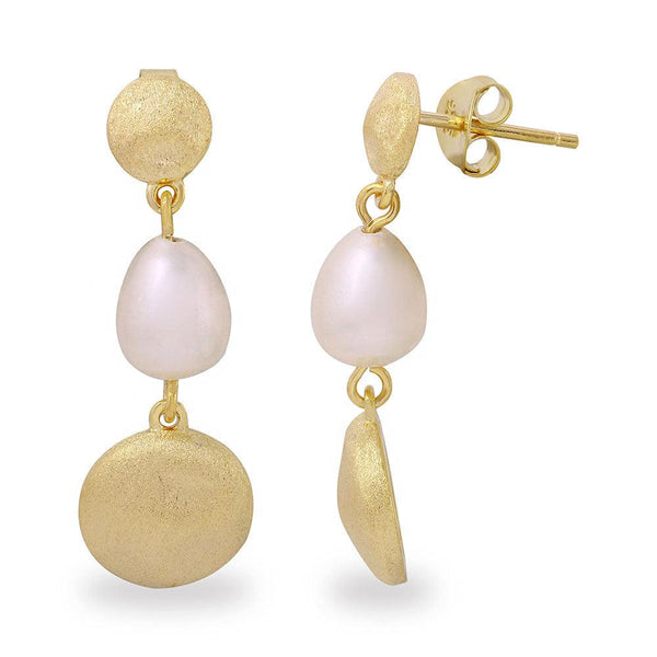 Silver 925 Gold Plated Disc with Hanging Fresh Water Pearl Earrings - BGE00484 | Silver Palace Inc.