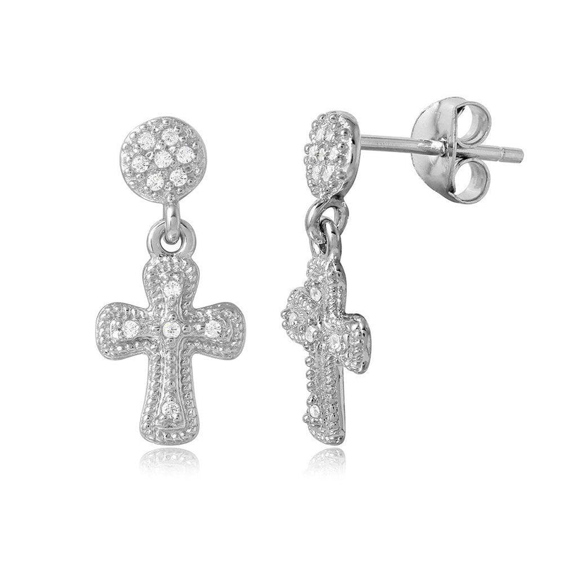 Silver 925 Rhodium Plated Hanging Cross CZ Earrings - BGE00486 | Silver Palace Inc.