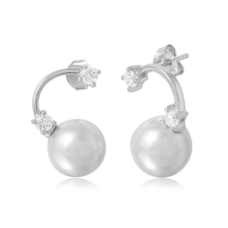 Silver 925 Rhodium Plated Hanging Synthetic Pearl Earring with Cubic Zirconia Stones - BGE00489 | Silver Palace Inc.