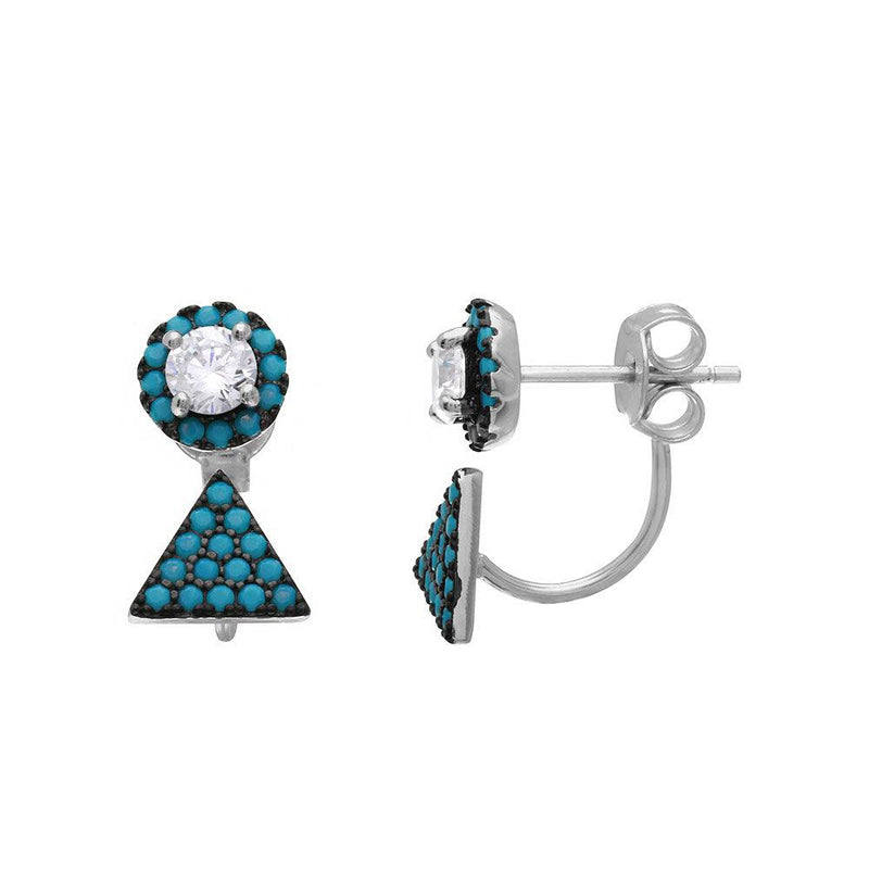 Silver 925 Rhodium Plated Turquoise Stones Round Earrings with Hanging Triangle Accent - BGE00494 | Silver Palace Inc.