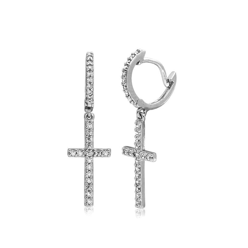 Silver 925 Rhodium Plated Hanging CZ Cross huggie hoop Earrings - BGE00495 | Silver Palace Inc.