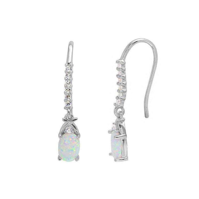 Silver 925 Rhodium Plated Dangling Oval Opal with CZ Earrings - BGE00499 | Silver Palace Inc.
