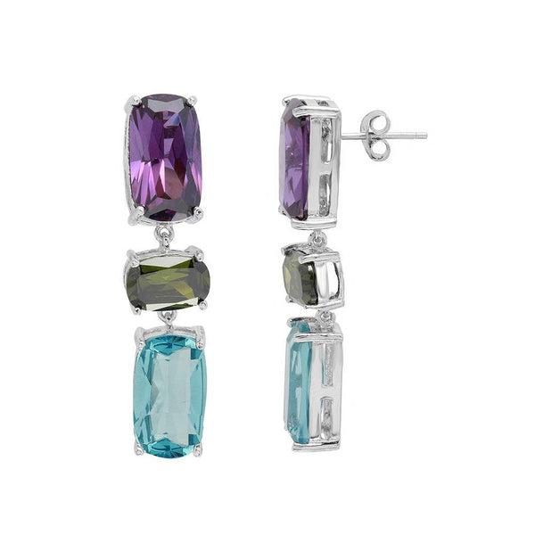 Silver 925 Rhodium Plated Multi Color CZ Drop Earrings - BGE00500 | Silver Palace Inc.