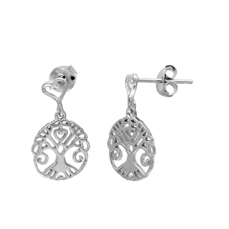 Silver 925 Rhodium Plated Tree Of Life Outline Disc Dangling Earrings - BGE00505 | Silver Palace Inc.