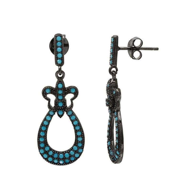Silver 925 Black Rhodium Plated Dangling  Filigree Turquoise Stone Earrings - BGE00506BKP | Silver Palace Inc.