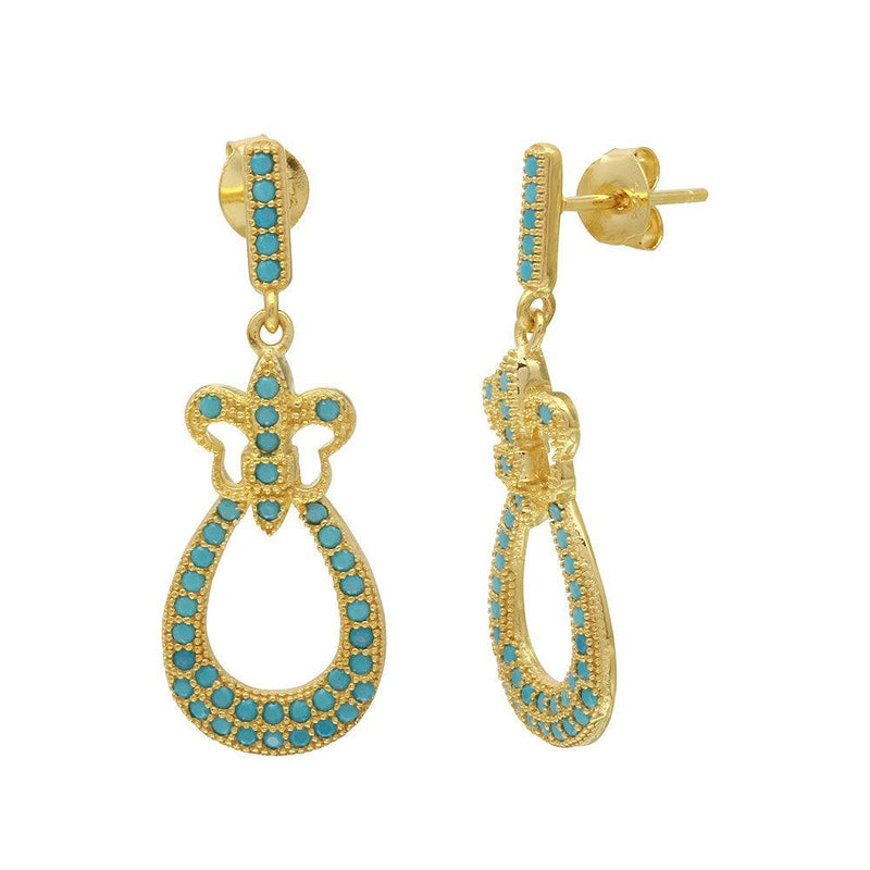 Silver 925 Gold Plated Dangling  Filigree Turquoise Stone Earrings - BGE00506GP | Silver Palace Inc.