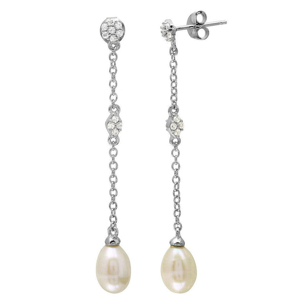 Silver 925 Rhodium Plated Dangling CZ and Fresh Water Pearl Earrings - BGE00507 | Silver Palace Inc.