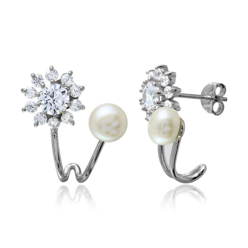 Silver 925 Rhodium Plated Flower CZ Fresh Water Pearl Earrings - BGE00508 | Silver Palace Inc.
