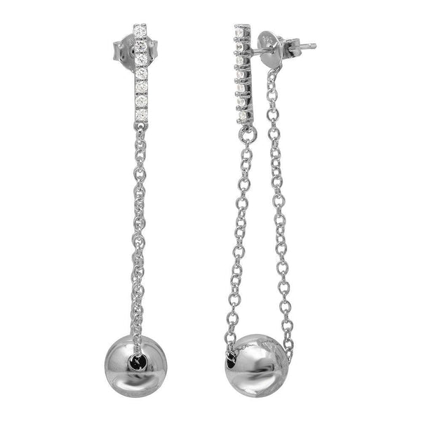 Silver 925 Rhodium Plated Dangling Bead CZ Bar Earrings - BGE00509 | Silver Palace Inc.