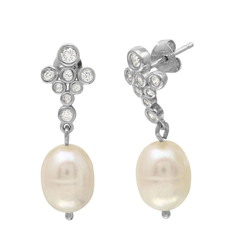 Silver 925 Rhodium Plated Bubble Stud Earrings with Dangling Fresh Water Pearls - BGE00512 | Silver Palace Inc.