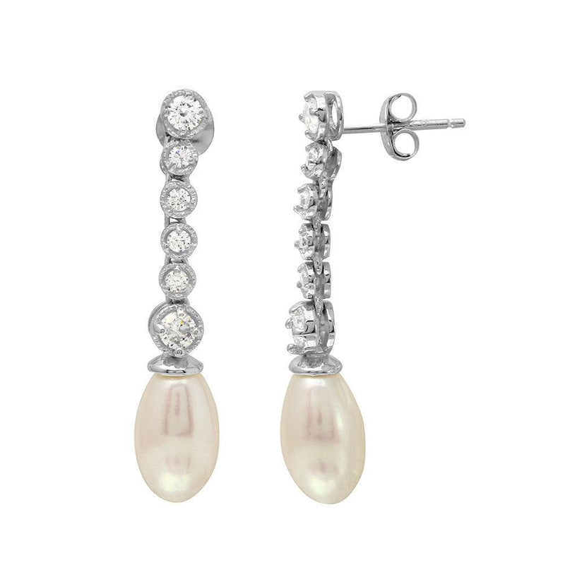Silver 925 Rhodium Plated Bubble Dangling Earrings with Fresh Water Pearl - BGE00513 | Silver Palace Inc.