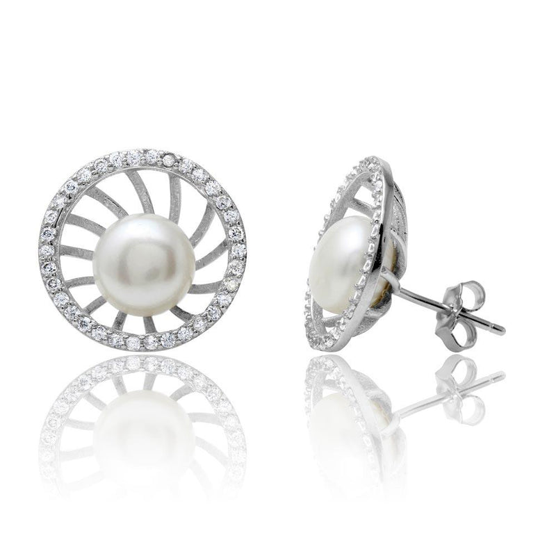 Silver 925 Rhodium Plated Fresh Water Pearl Center CZ Border Stud Earrings - BGE00514 | Silver Palace Inc.