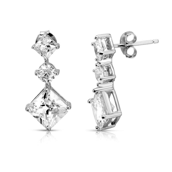 Silver 925 Rhodium Plated Dropped Square and Round CZ Earrings - BGE00516 | Silver Palace Inc.
