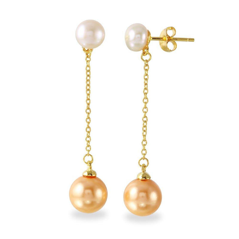 Silver 925 Gold Plated Fresh Water Pearl with Dangling Synthetic Pearl Earrings - BGE00524 | Silver Palace Inc.