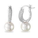 Silver 925 Rhodium Plated Dropped Synthetic Pearl huggie hoop Earrings with CZ - BGE00526 | Silver Palace Inc.