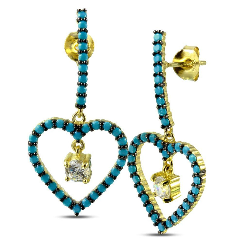 Gold and Black Rhodium Plated 925 Sterling Silver Curved Bar and Dangling Open Heart with Turquoise Beads and CZ - BGE00528