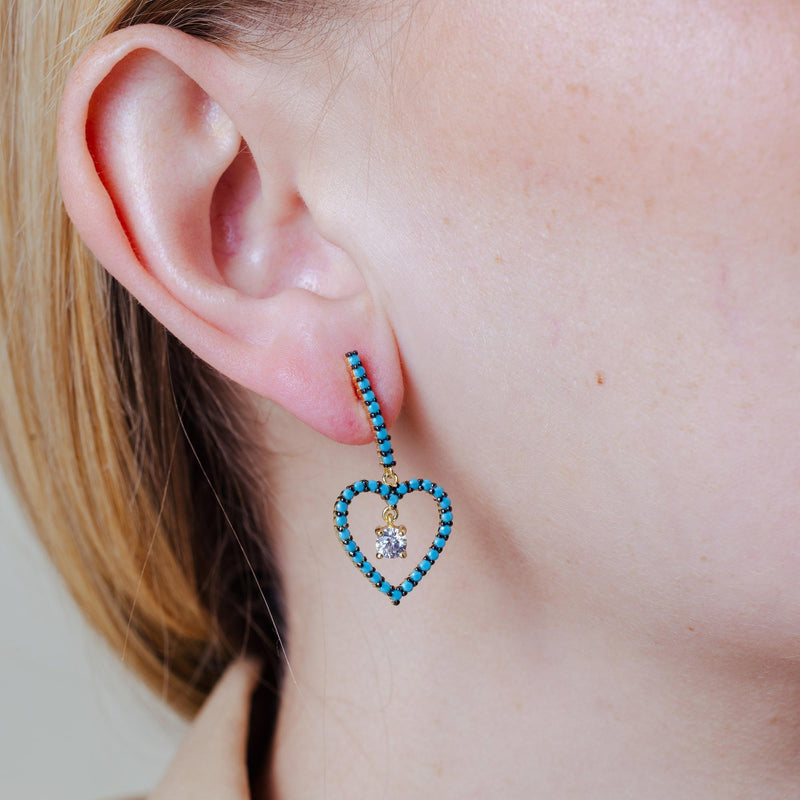 Silver 925 Gold and Black Rhodium Plated Curved Bar and Dangling Open Heart with Turquoise Beads and CZ - BGE00528