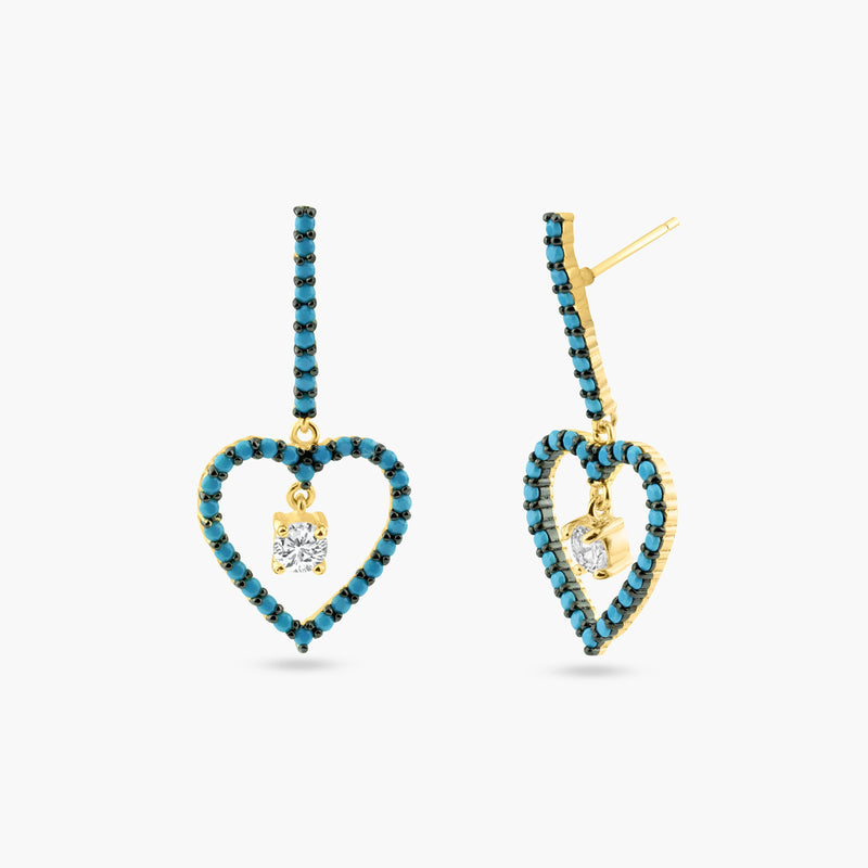 Silver 925 Gold and Black Rhodium Plated Curved Bar and Dangling Open Heart with Turquoise Beads and CZ - BGE00528 | Silver Palace Inc.