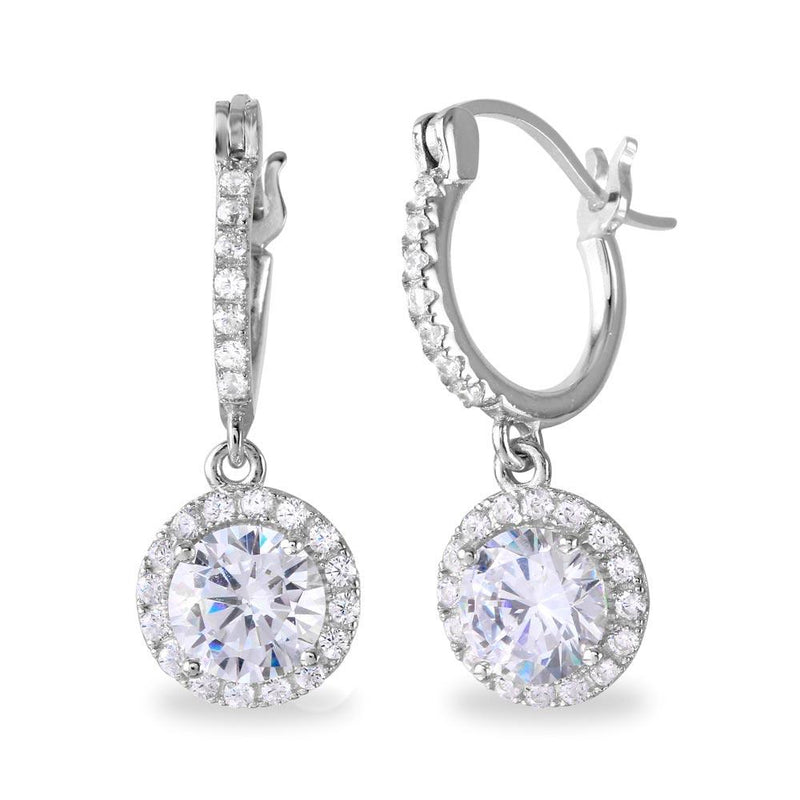 Silver 925 Rhodium Plated Dangling Micro Pave Round CZ huggie hoop Earrings - BGE00529 | Silver Palace Inc.