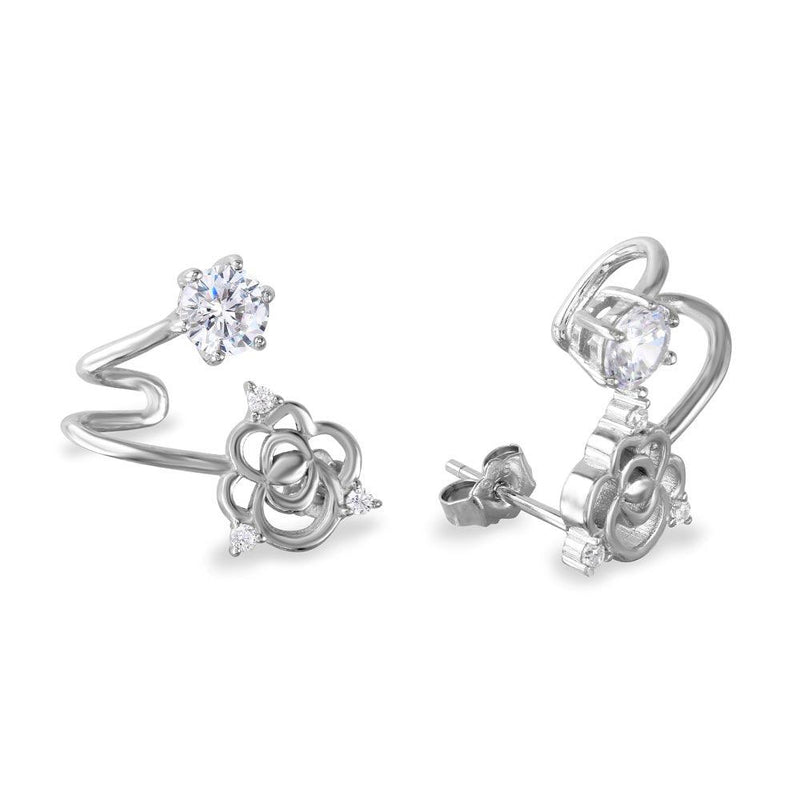 Silver 925 Rhodium Plated Flower and Round CZ Folded Earrings - BGE00535 | Silver Palace Inc.