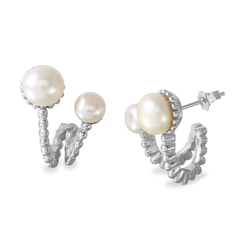 Silver 925 Rhodium Plated 2 Folded Fresh Water Pearl Earrings - BGE00536 | Silver Palace Inc.