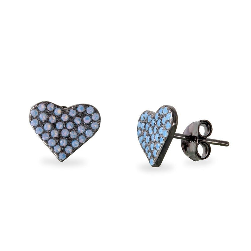 Silver 925 Black Rhodium Plated Heart Earrings with Round Blue CZ - BGE00540 | Silver Palace Inc.