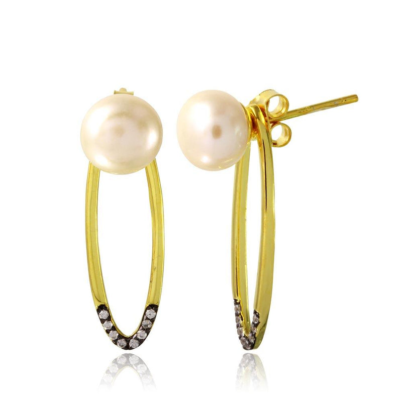 Silver 925 Gold Plated Fresh Water Pearl with Hanging Open Oval CZ - BGE00549 | Silver Palace Inc.