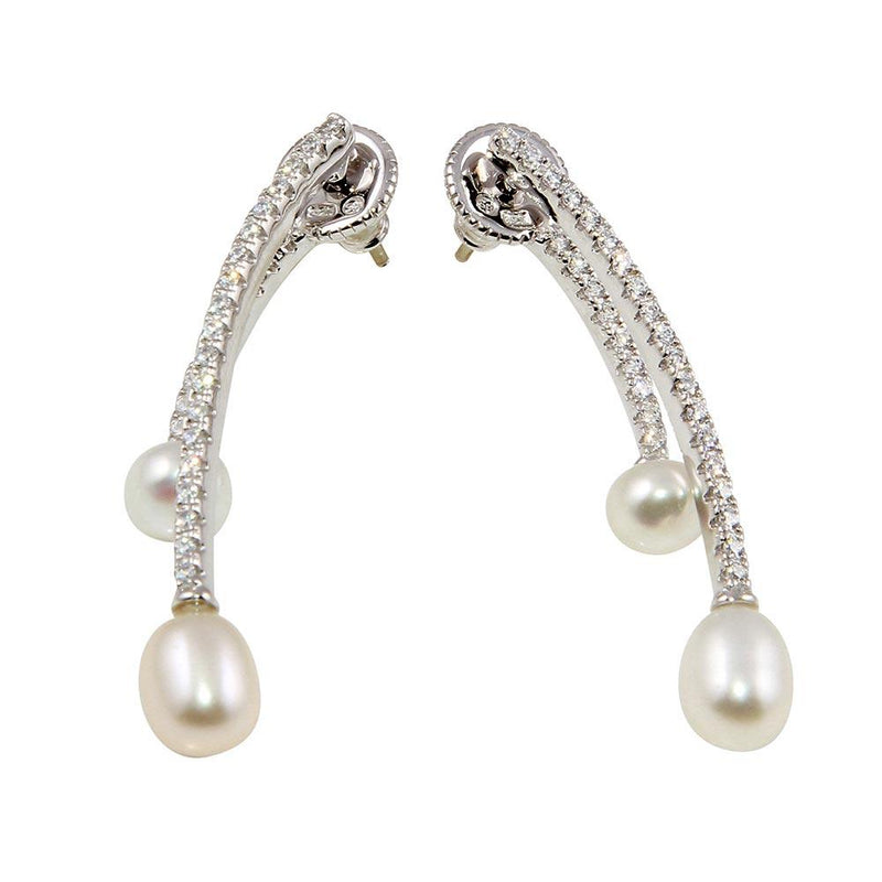 Silver 925 Rhodium Plated Freshwater Pearl Drop Earrings with CZ - BGE00558 | Silver Palace Inc.