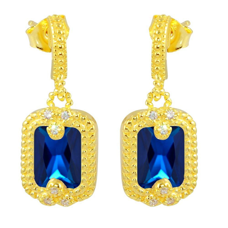 Silver 925 Gold Plated Blue Rectangle Dangling Earrings - BGE00561BLU | Silver Palace Inc.